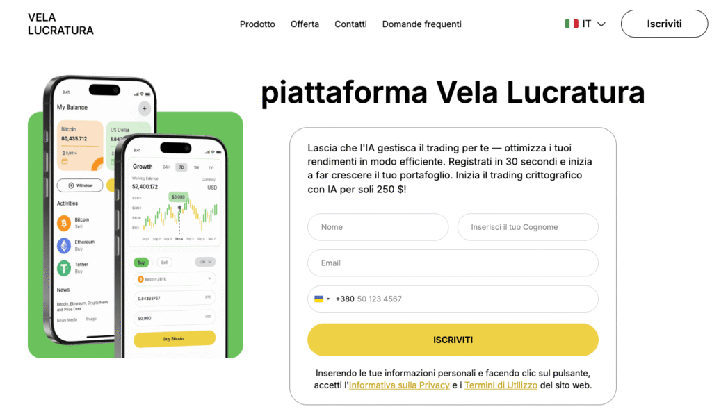 Offerta Vela Lucratura per trading con intelligenza artificiale a partire da 250 dollari e modulo di iscrizione