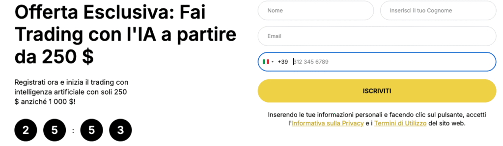 Offerta Vela Lucratura per trading con intelligenza artificiale a partire da 250 dollari e modulo di iscrizione